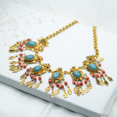 Vintage Chic Plastron Necklace With Turquoise and Coral Stones