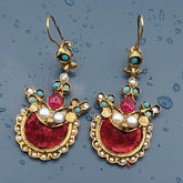 Handmade Gold Plated Earrings, Red Velvet Fabric Earrings, Gold Coral Earrings, Vintage Handmade Earrings, Authentic Red Chandelier Earrings