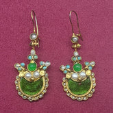 Handmade Gold Plated Earrings, Green Velvet Fabric Earrings, Gold Coral Earrings, Vintage Handmade Earrings, Authentic Chandelier Earrings