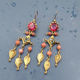 Handmade Coral Stone Earrings, Dangling Earrings, Handmade Earrings, Gold Earrings, Designer Red Coral Chandelier Ottoman Women Earrings