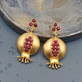 Pomegranate Design Gold Plated Earrings, Pomegranate Jewelry, Clip on Pomegranate Earrings With Rubies, Unique Pomegranate Design Jewelry