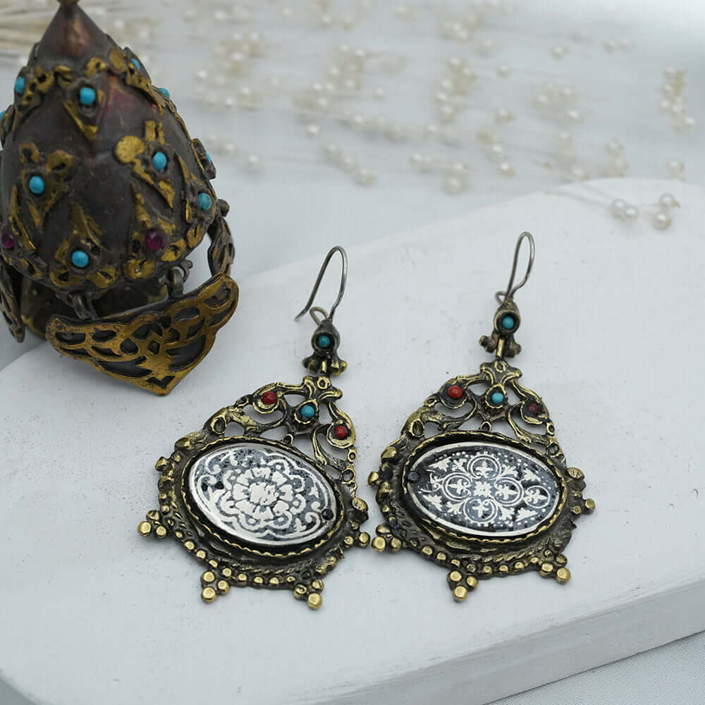 Antique Savat Hand Engraved Women Drop Earrings