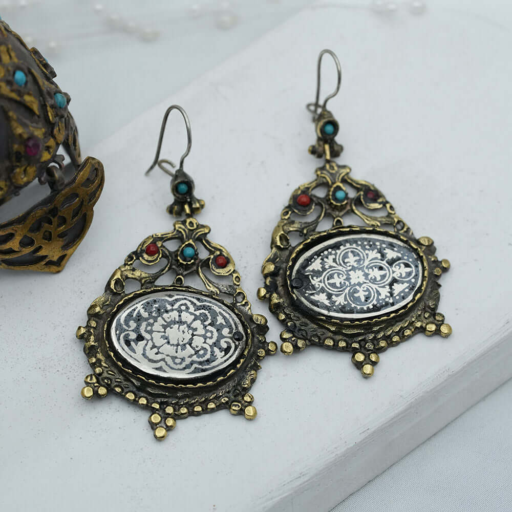 Antique Savat Hand Engraved Women Drop Earrings