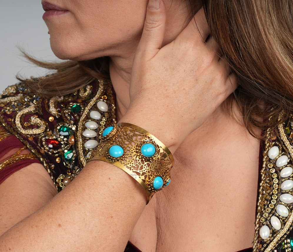 Hand Cut Blue Turquoise Gold Plated Cuff Bracelet