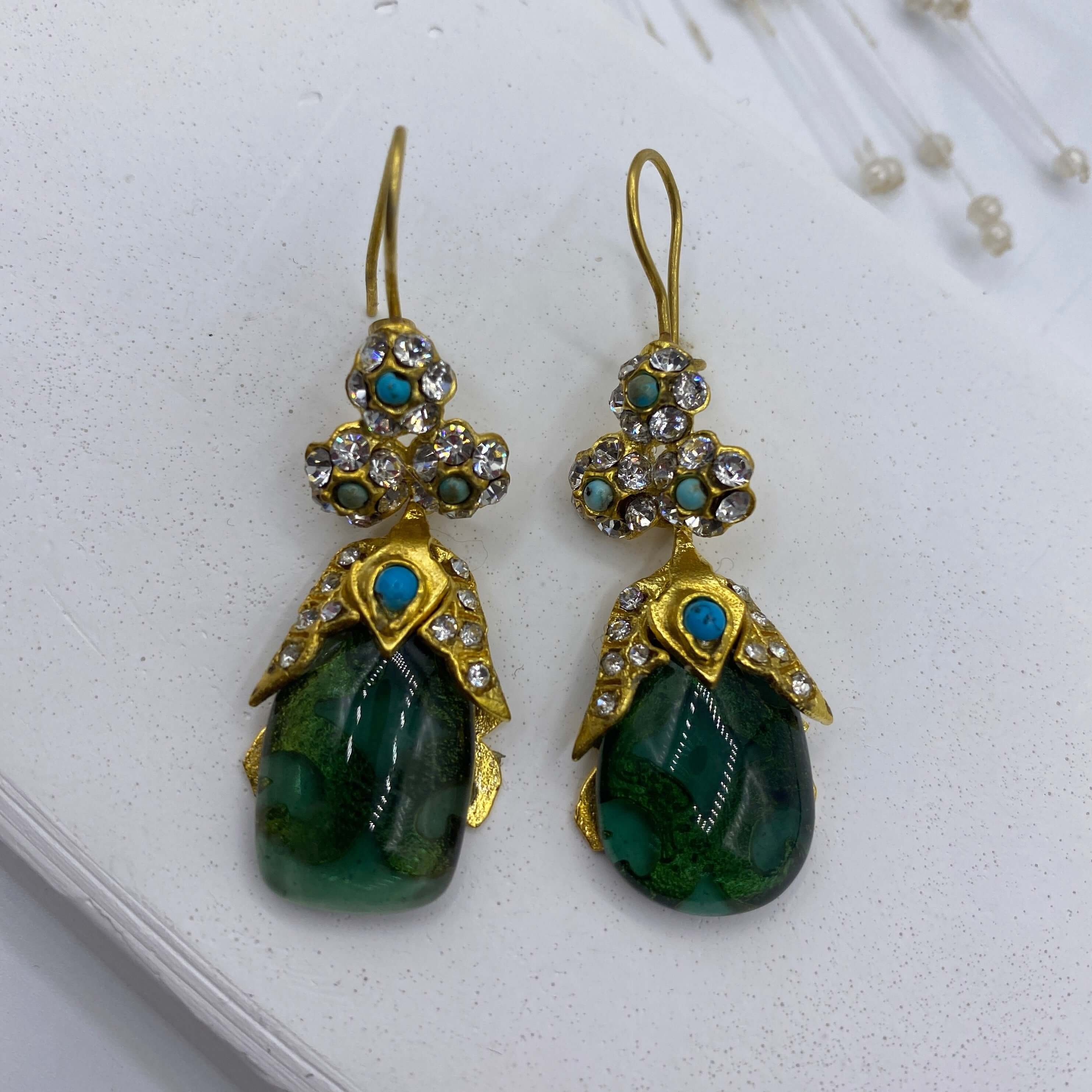 Emerald Gemstone Statement Ottoman Tear Drop Earrings