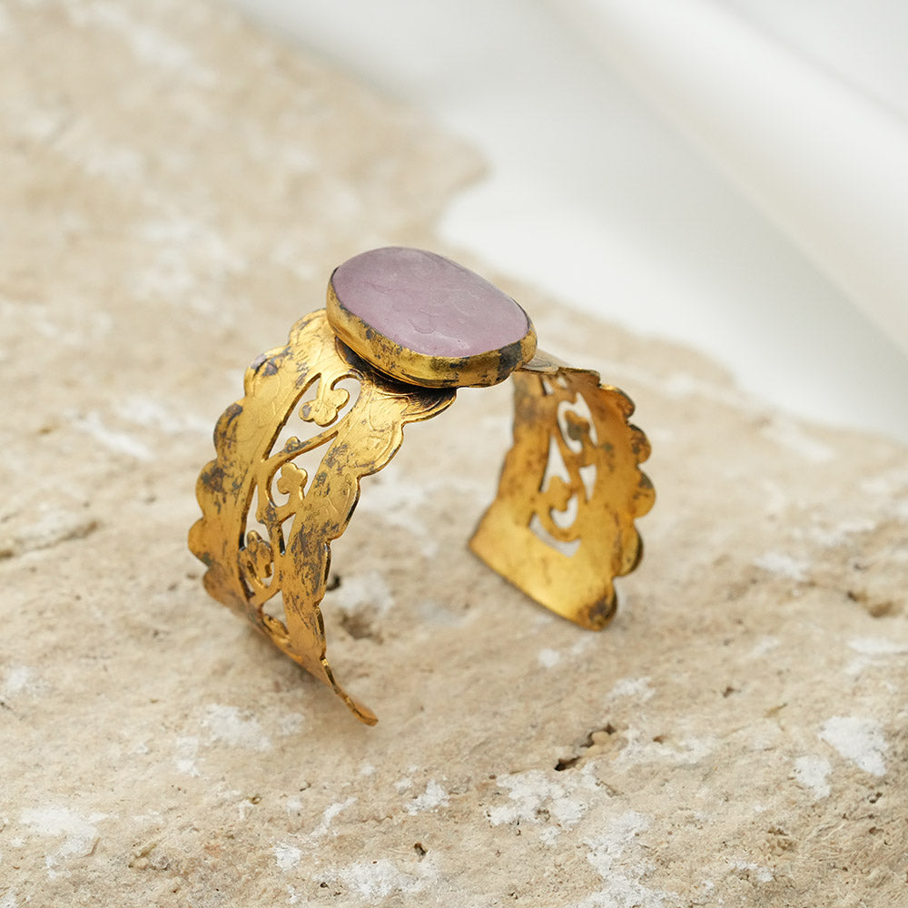 Hand Carved Gold Cuff Bracelet With Engraved Polished Ageta Stone