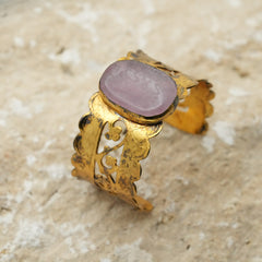 Hand Carved Gold Cuff Bracelet With Engraved Polished Ageta Stone