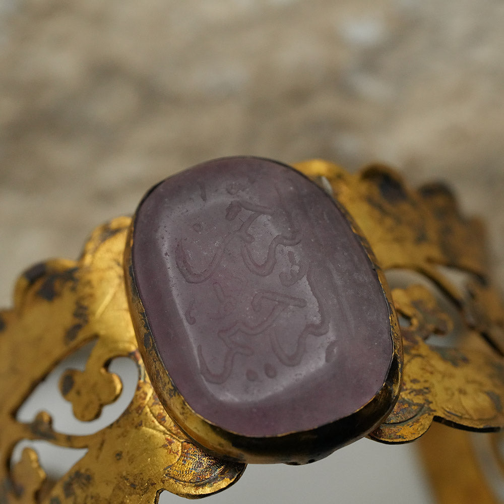 Hand Carved Gold Cuff Bracelet With Engraved Polished Ageta Stone