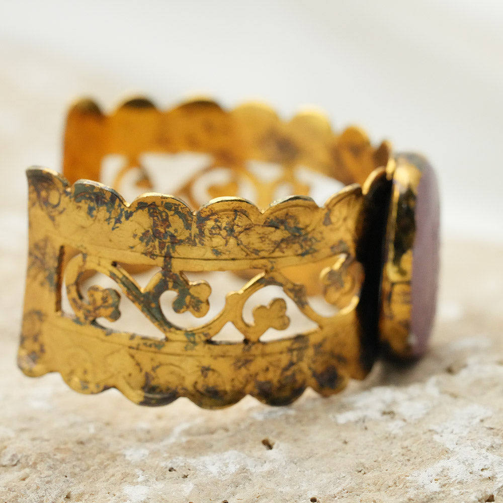 Hand Carved Gold Cuff Bracelet With Engraved Polished Ageta Stone