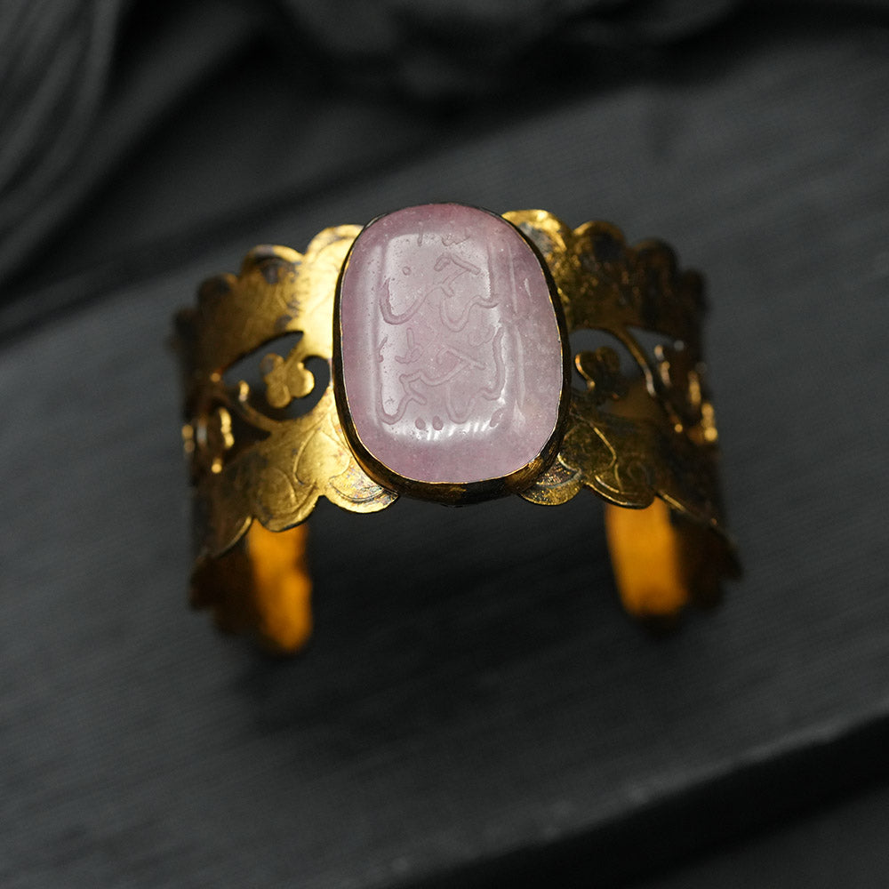 Hand Carved Gold Cuff Bracelet With Engraved Polished Ageta Stone