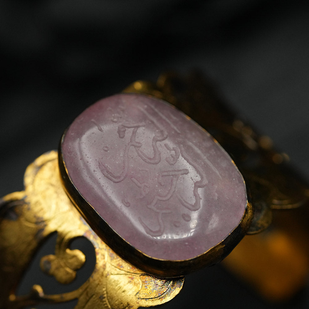 Hand Carved Gold Cuff Bracelet With Engraved Polished Ageta Stone