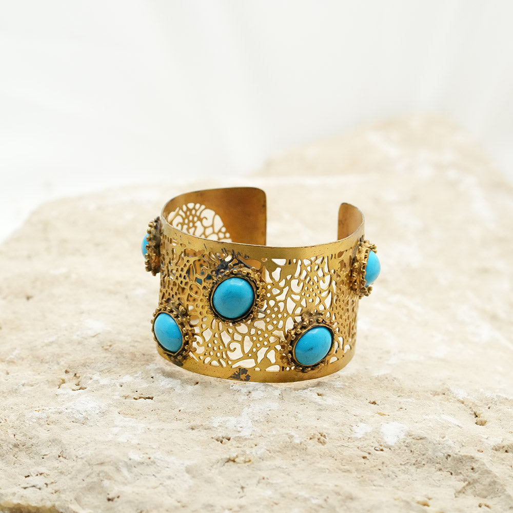 Hand Cut Blue Turquoise Gold Plated Cuff Bracelet