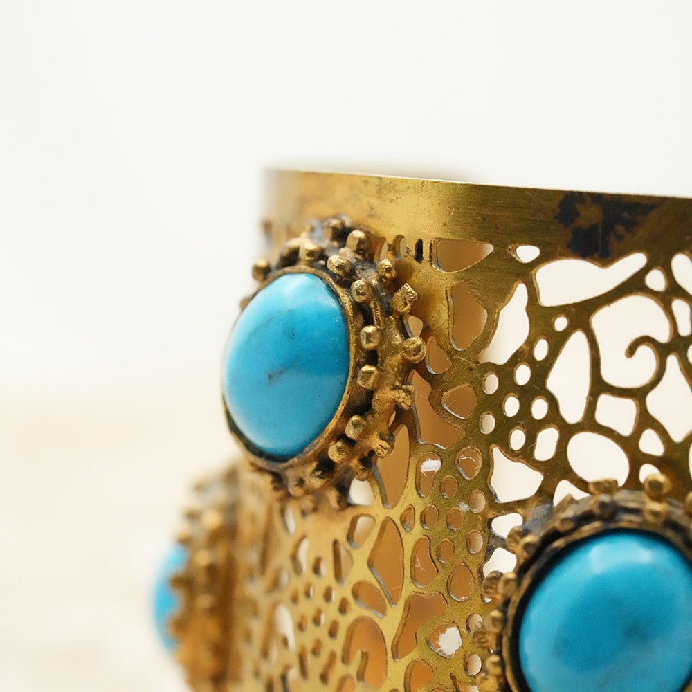 Hand Cut Blue Turquoise Gold Plated Cuff Bracelet