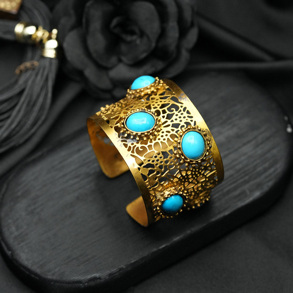 Hand Cut Blue Turquoise Gold Plated Cuff Bracelet