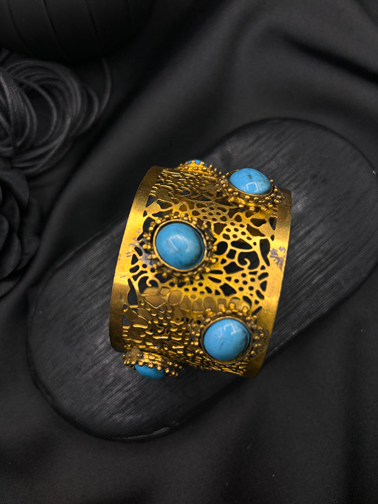 Hand Cut Blue Turquoise Gold Plated Cuff Bracelet