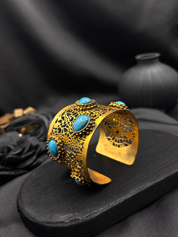 Hand Cut Blue Turquoise Gold Plated Cuff Bracelet