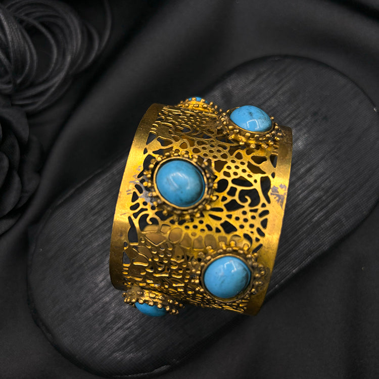 Hand Cut Blue Turquoise Gold Plated Cuff Bracelet