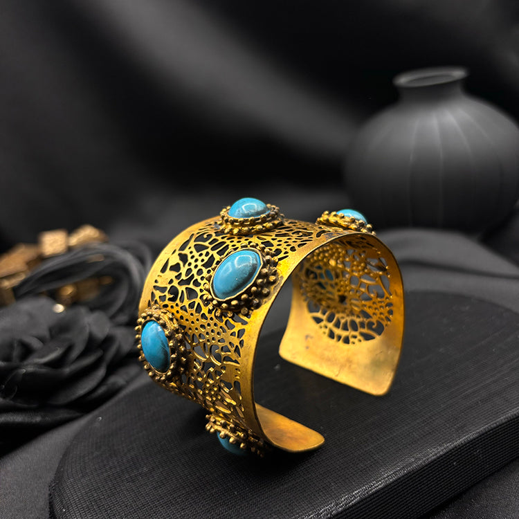 Hand Cut Blue Turquoise Gold Plated Cuff Bracelet