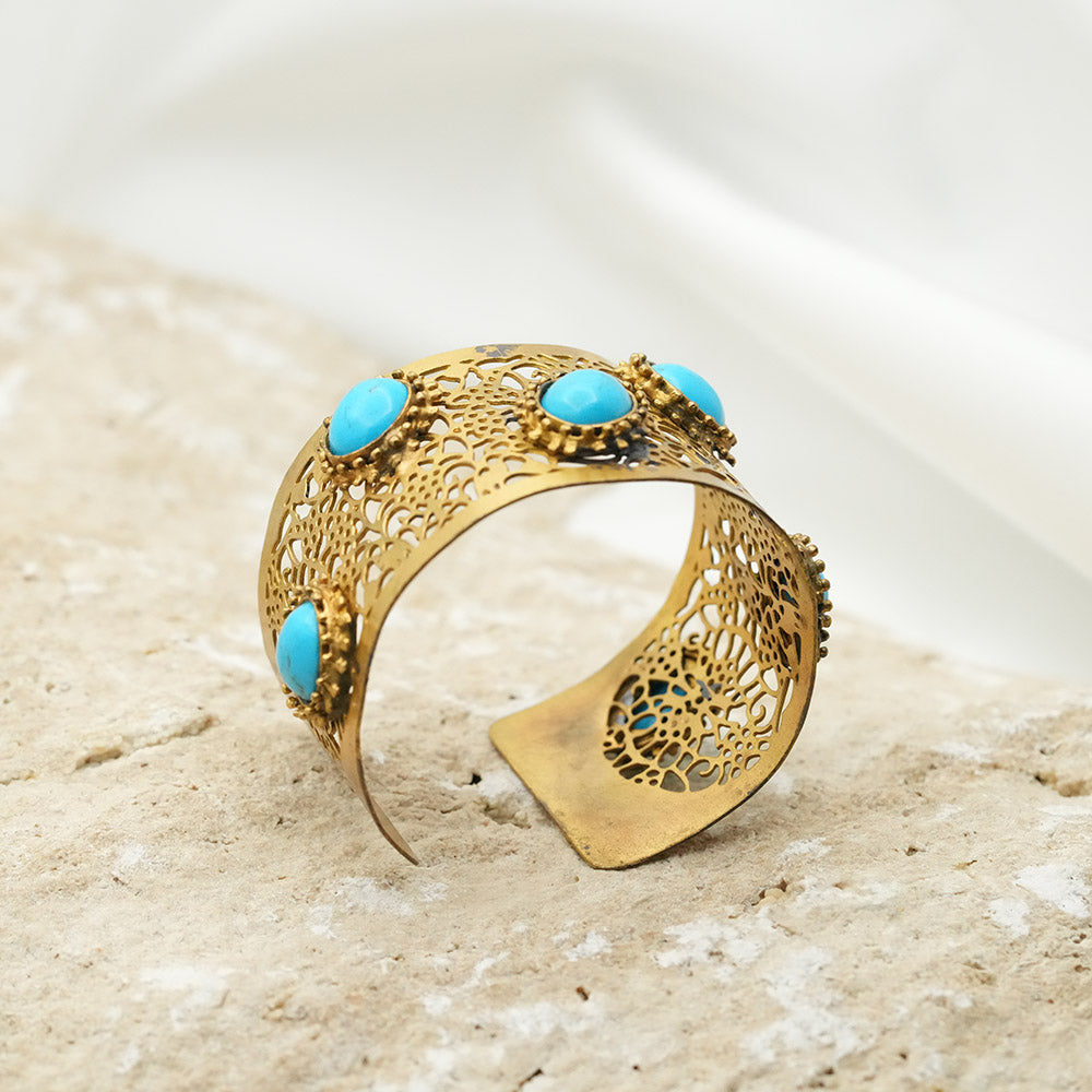 Hand Cut Blue Turquoise Gold Plated Cuff Bracelet