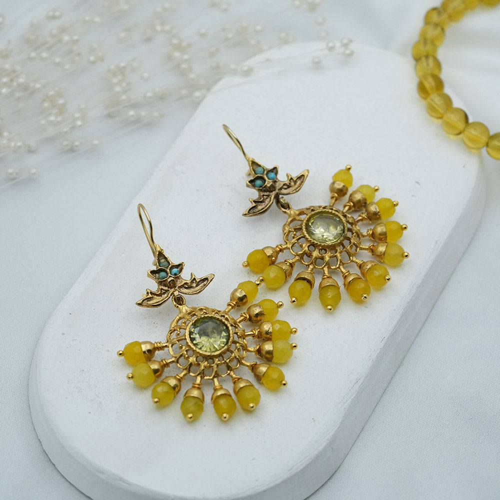 Handcreated Yellow Ageta Dangling Beaded Chandelier Earrings