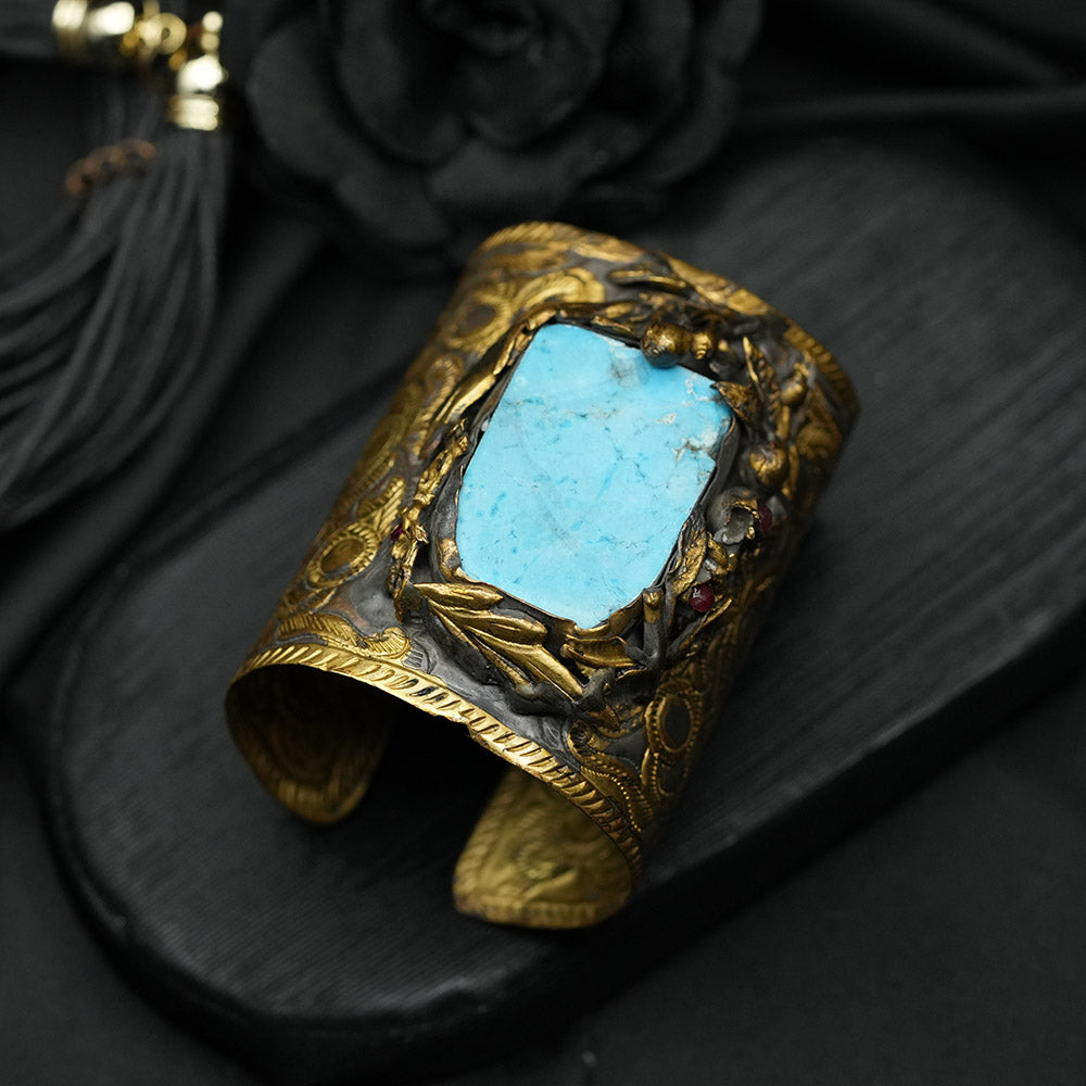 Oxidised Hammered Cuff Bracelet With Large Polished Turquoise