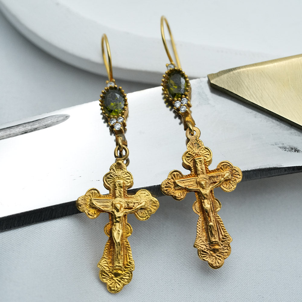 Quirky Gold Tone Jesus Crucifix Earrings With Zircon