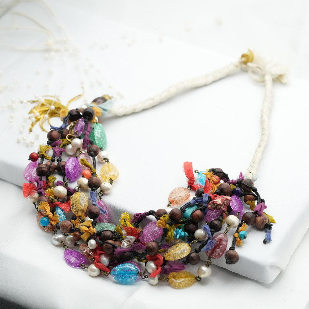 Recycled Colouful Glass Beaded Amazigh Moroccan Bib Necklace