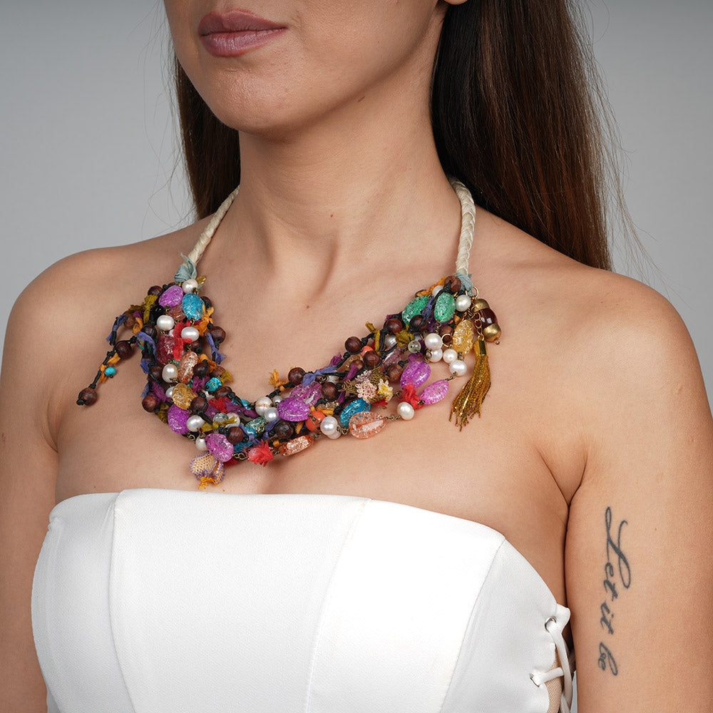 Recycled Colouful Glass Beaded Amazigh Moroccan Bib Necklace