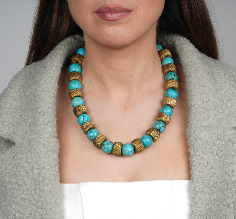 Turquoise And Sandalose Wood Collar Tribal Ethnic African Style Necklace