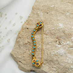 Turquoise Stone Decorated Gold Plated Brooch Pin