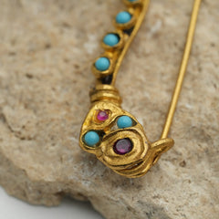 Turquoise Stone Decorated Gold Plated Brooch Pin