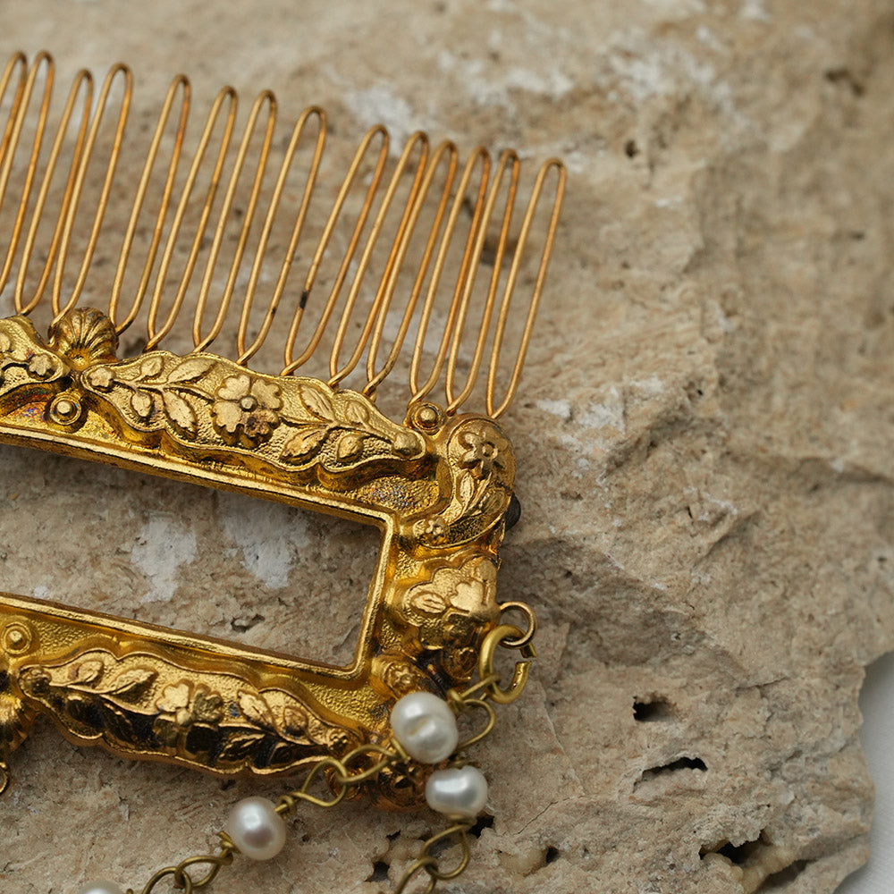 Unique Helen Style Gold Bridal Hair Comb With Pearls