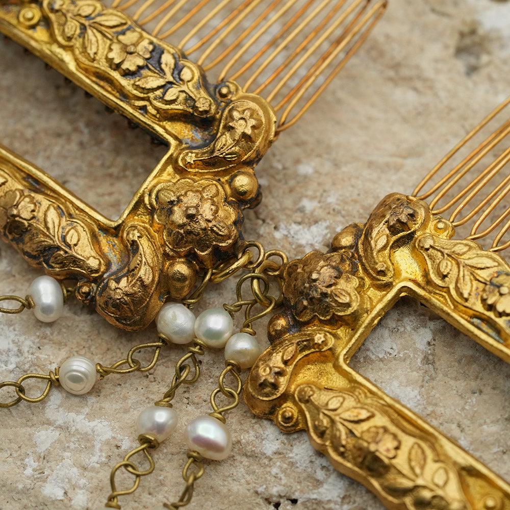 Unique Helen Style Gold Bridal Hair Comb With Pearls