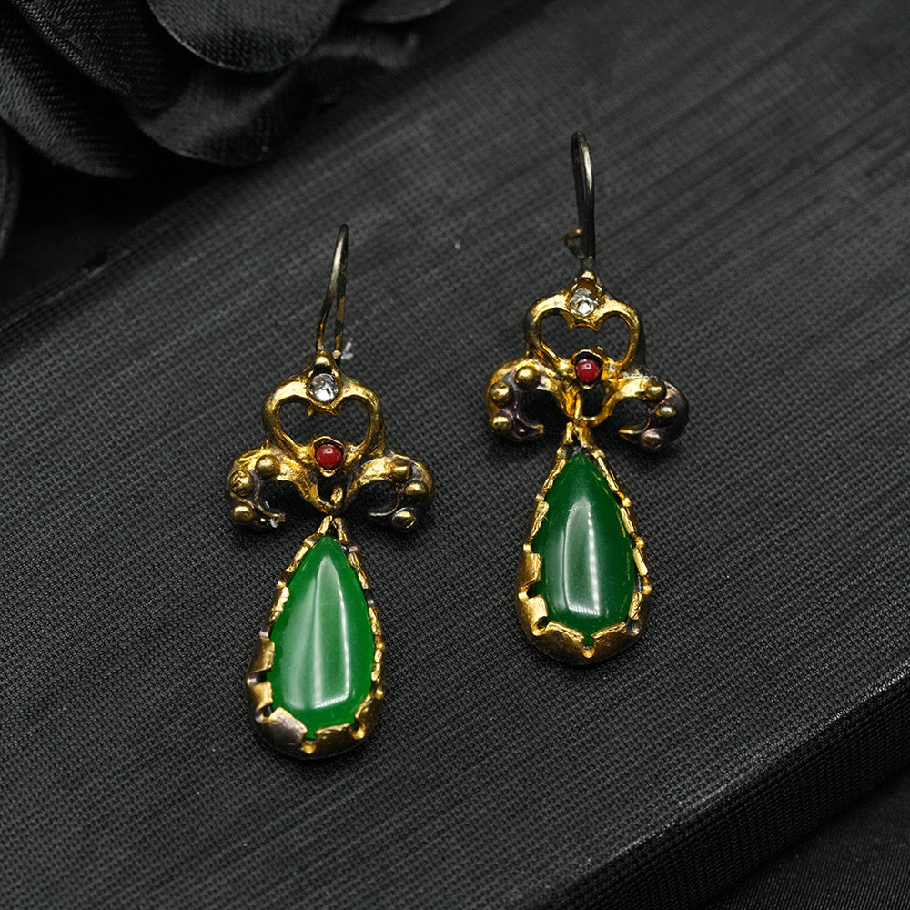 Unusual Natural Translucent Green Jadeite Cabochon Drop Earrings