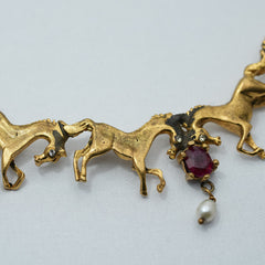 Yellow Gold Handcrafted Ruby And Pearl  Dramatic Collar Necklace