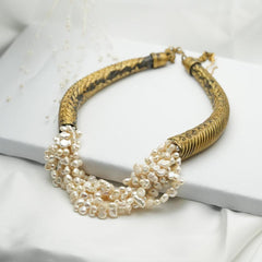 Handmade Pearl Necklace, White Pearl Necklace, Gemstone Pearl, Hammered Torque Multi Layered Pearl Choker Collana Necklace