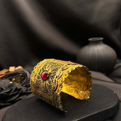Hand Carved Cuff, Handmade Bracelet, Ruby Stone Bracelet, Gold Plated Cuff Bracelet, Turkish Handmade Jewelry, Ottoman Bracelet