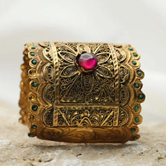 Hand Carved Cuff, Handmade Bracelet, Ruby Stone Bracelet, Gold Plated Cuff Bracelet, Turkish Handmade Jewelry, Ottoman Bracelet
