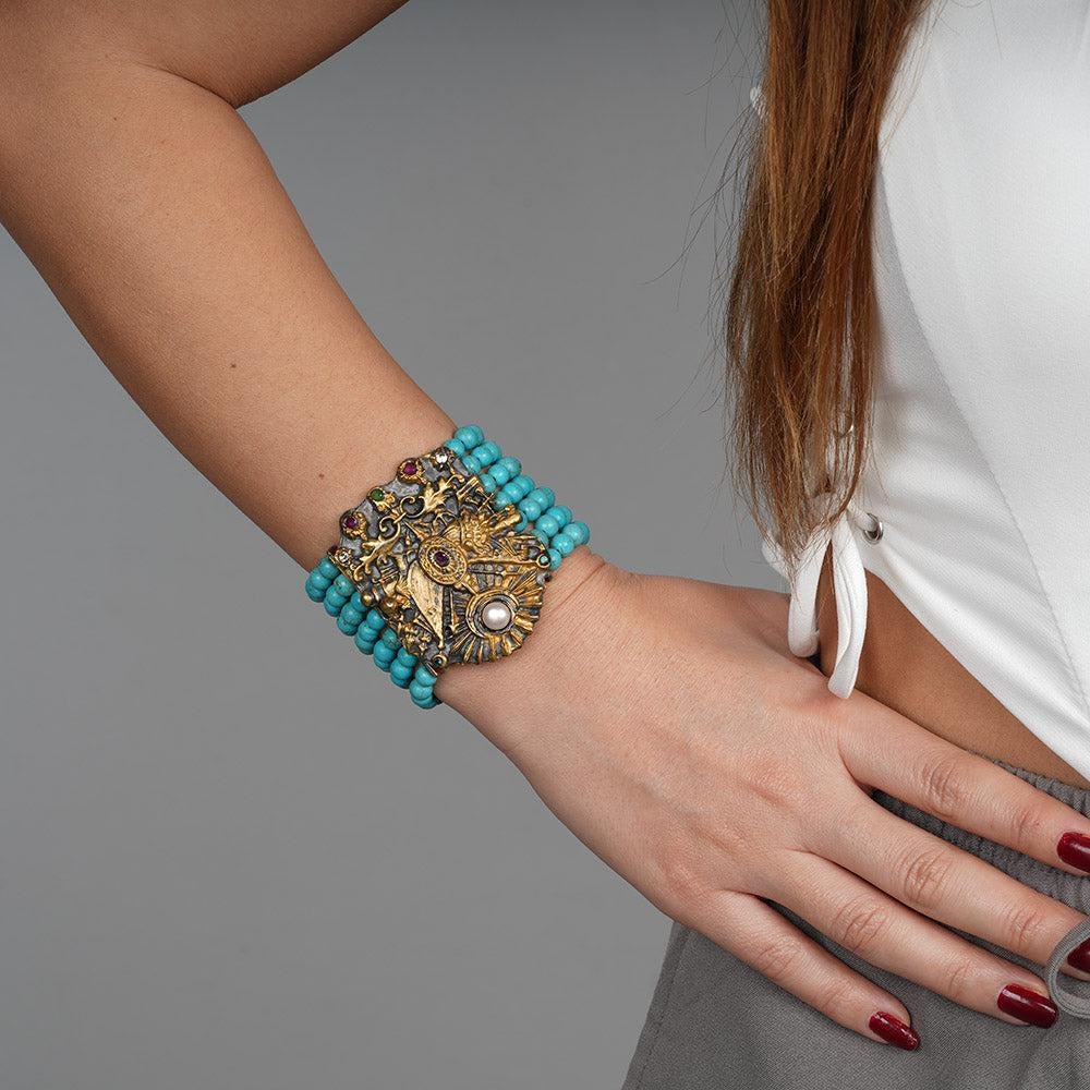 Handmade Bracelet, Unique Bracelet, Design Hand Carved Cuff Bracelet, Turquoise Stones Bracelet, Authentic Turkish Ottoman Jewelry