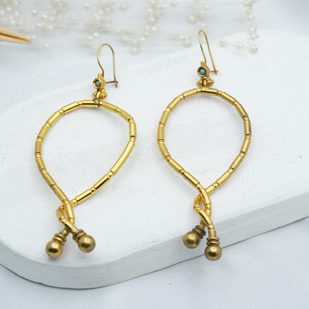 Dangling Gold Earrings , Hand Carved Dangling Gold Earrings With Turquoise Stone, Handmade Earrings