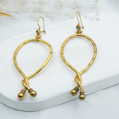 Dangling Gold Earrings , Hand Carved Dangling Gold Earrings With Turquoise Stone, Handmade Earrings
