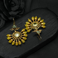 Dangling Earrings, Handcreated Yellow Ageta Earrings, Handmade Beaded Chandelier Stlish Earrings, Turkish Earrings, Chandelier Earrings