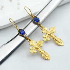 Large Cross Earrings, Handmade Christ Cross Yellow Gold Dangle Earrings, Big Statement Earrings, Jesus Christian jewelry For Women