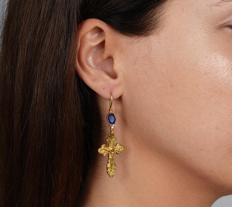 Large Cross Earrings, Handmade Christ Cross Yellow Gold Dangle Earrings, Big Statement Earrings, Jesus Christian jewelry For Women
