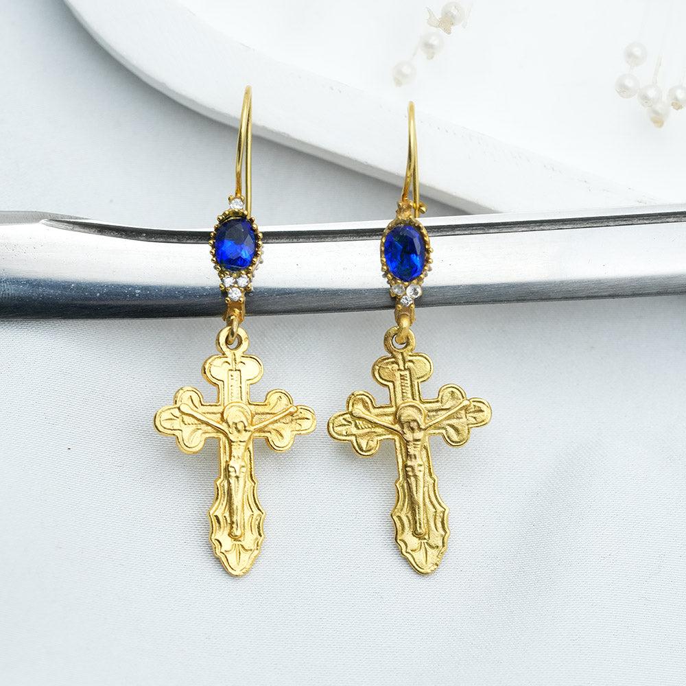 Large Cross Earrings, Handmade Christ Cross Yellow Gold Dangle Earrings, Big Statement Earrings, Jesus Christian jewelry For Women