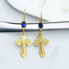 Large Cross Earrings, Handmade Christ Cross Yellow Gold Dangle Earrings, Big Statement Earrings, Jesus Christian jewelry For Women