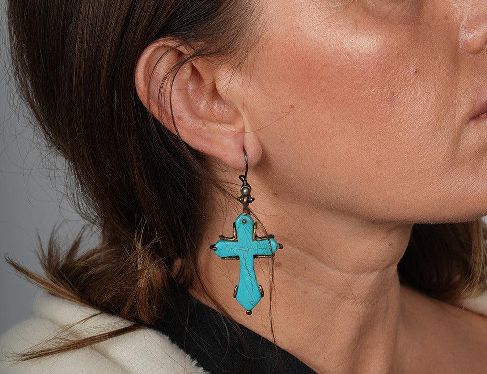 Cross earrigns, Cross Earrings Big, Gemstone Cross Earrings, Unique Large Blue Turquoise Gemstone Cross Earrings,  Dangle Cross Earrings