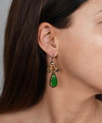 Gold Plated Earrings, Ottoman Earrings, Green Jadeite Stone Drop Earrings, Handmade Earrings,  Emerald Gemstone Earrigns, Turkish Earrigs