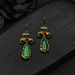 Gold Plated Earrings, Ottoman Earrings, Green Jadeite Stone Drop Earrings, Handmade Earrings,  Emerald Gemstone Earrigns, Turkish Earrigs