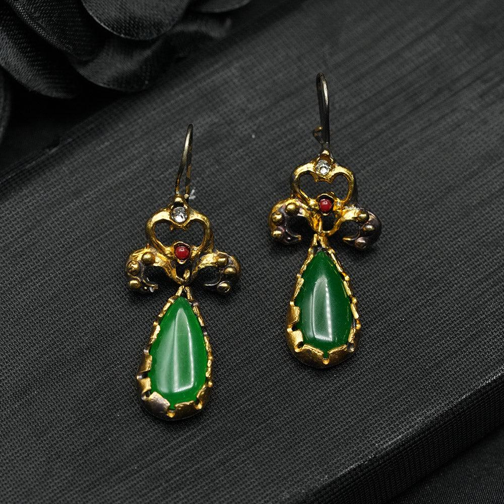 Gold Plated Earrings, Ottoman Earrings, Green Jadeite Stone Drop Earrings, Handmade Earrings,  Emerald Gemstone Earrigns, Turkish Earrigs